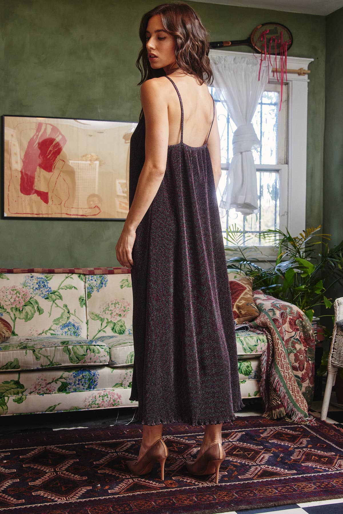 Metallic Aurora Camisole Pleated Midi Dress