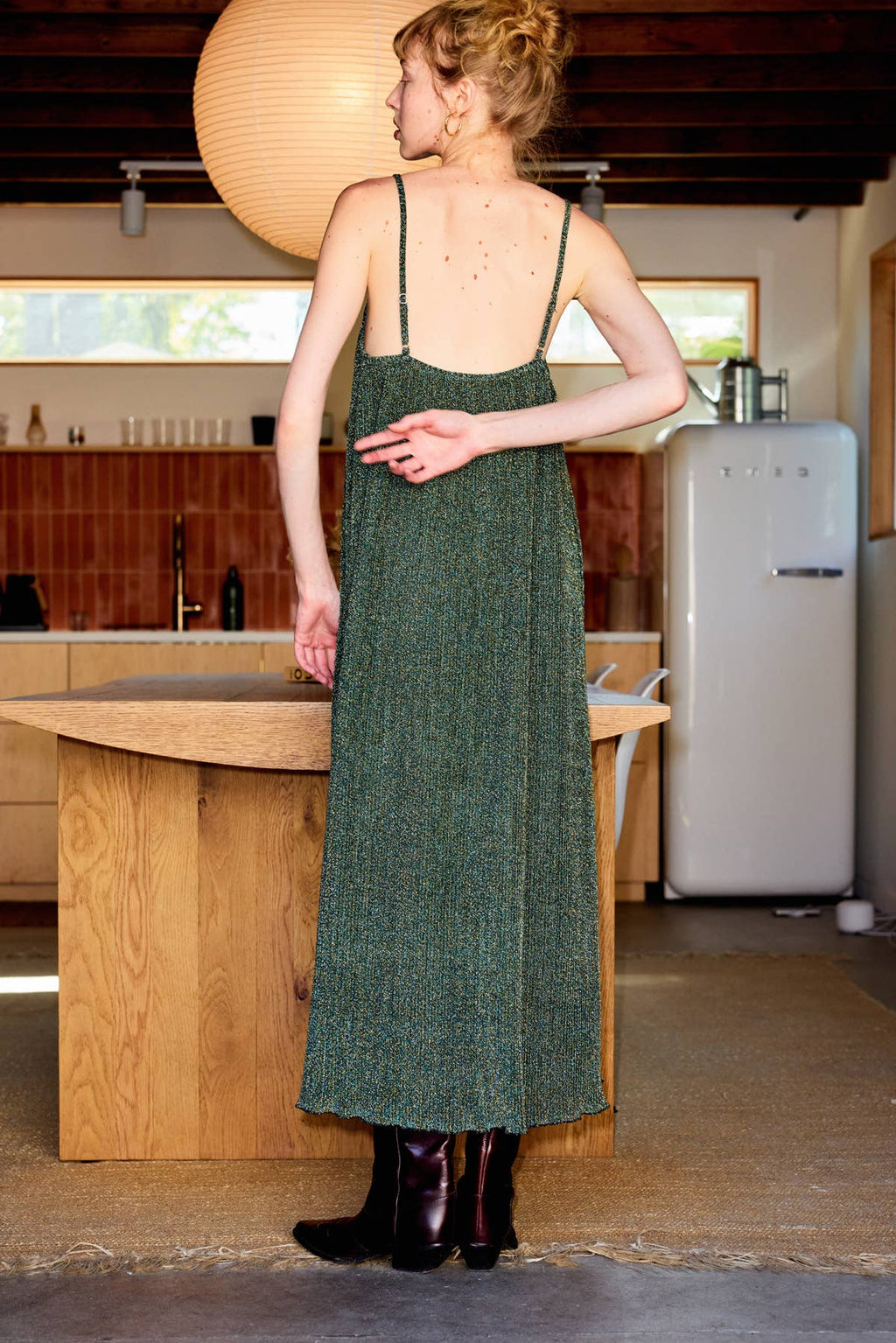 Metallic Aurora Camisole Pleated Midi Dress
