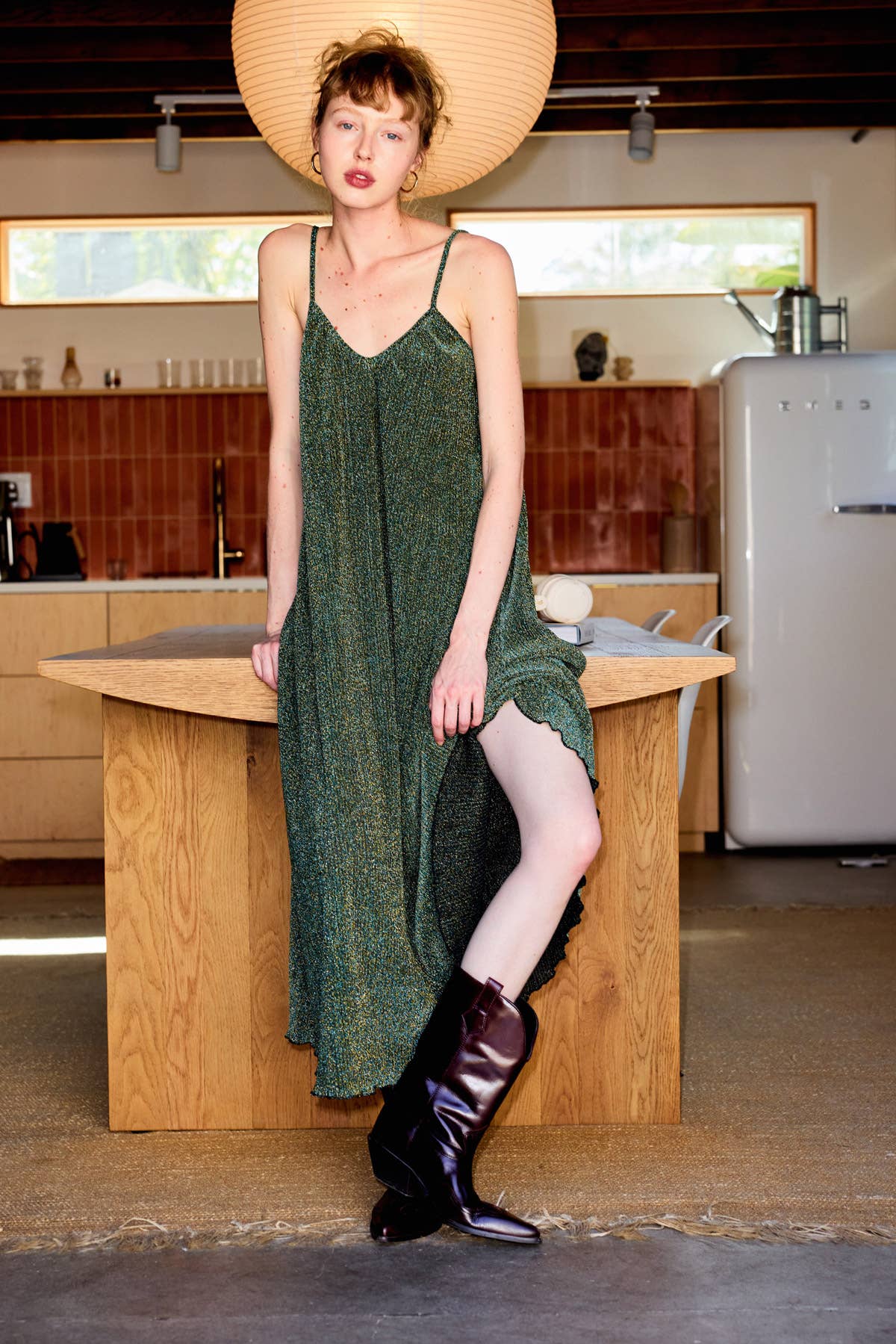 Metallic Aurora Camisole Pleated Midi Dress